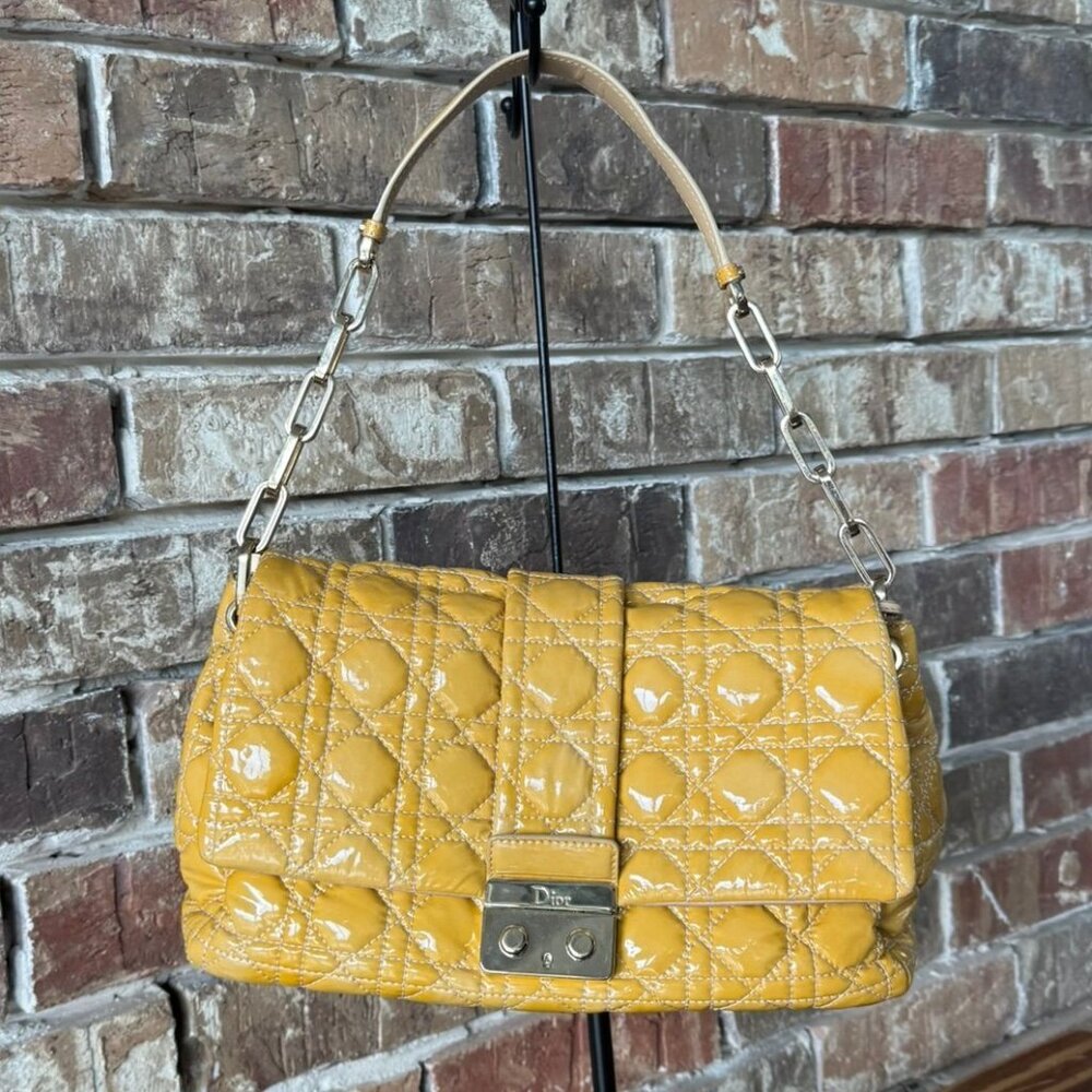 Christian Dior New Lock Flap Bag in Yellow Patent Cannage Quilted Leather